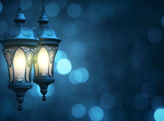 Ramadan background, in the color blue, with ample copy space for text and graphics, featuring two ornate lanterns glowing softly against a dark backdrop adorned