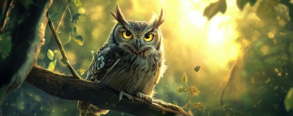 A wise old owl perched on a branch, its eyes glowing with knowledge.