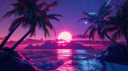 Wall Mural - a retro-futuristic tropical beach scene with palm trees and a glowing pink moon in the night sky.