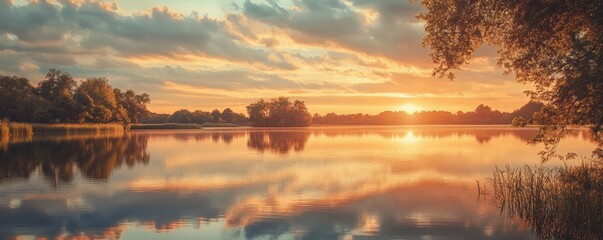 Wall Mural - A classic oil painting of a tranquil sunset over a tranquil lake, reflecting the soft hues of the sky.