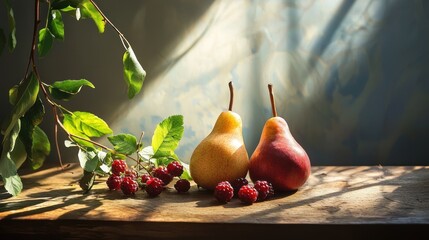 Wall Mural - Still Life: Pears, Raspberries, and Sunlight