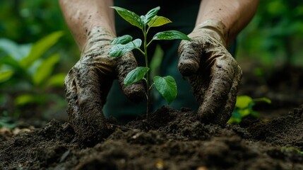 Hands with dirty gloves planting a young seedling in the soil in a natural environment