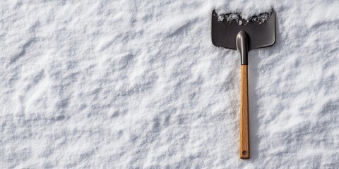 Snow shovel with a black metal blade and wooden handle positioned diagonally on a smooth snowy surface with plenty of empty space for text.