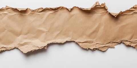 Crumpled brown paper sheets arranged horizontally on a clean white background, showcasing texture and contrast between earthy tones and purity.