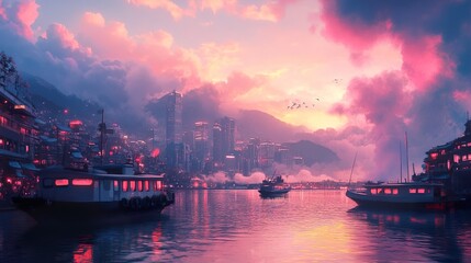 Canvas Print - Pink Sunset Cityscape: Boats on Calm Waters