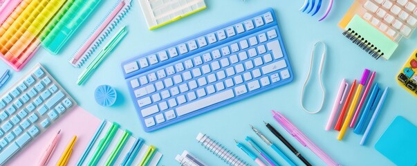 Wall Mural - A neatly organized desk setup featuring school and office essentials such as notebooks, pens, and a keyboard, perfectly arranged on a light blue