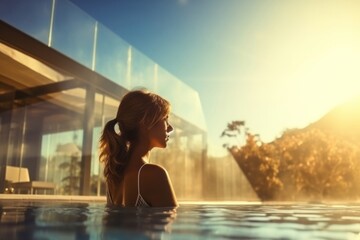 Wall Mural - young woman relaxing doing spa swimming outdoors adult