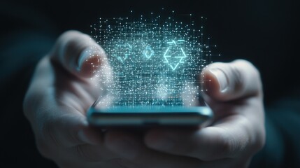 Poster - Man Holding Smartphone with Digital Lightning Symbols Representing Technology, Innovation, and Future Trends in Energy Transfer and Communication Networks