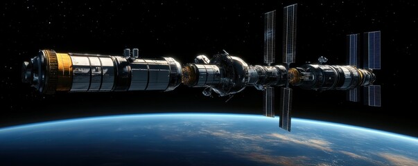 Wall Mural - abandoned space station orbiting a distant planet.