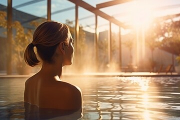 Wall Mural - young woman relaxing doing spa outdoors swimming adult