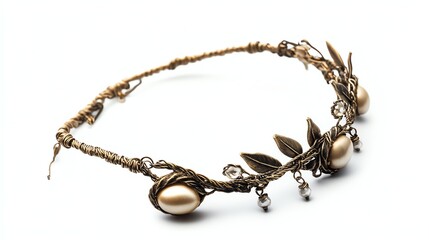 Elegant handcrafted necklace with pearls and intricate leaf design, white isolate background.