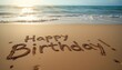 © Tatyana - Happy Birthday written on sandy beach at sunset