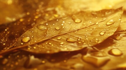 Wall Mural - Golden autumn leaves with water droplets.