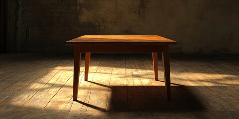 Canvas Print - Vacant wooden table centered in dimly lit room with warm brown tones and soft shadows on wooden floor, highlighting emptiness and simplicity.