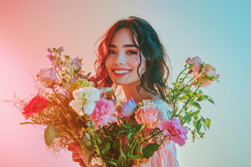 Woman holds vibrant bouquet of flowers, radiating joy and elegance in a colorful setting