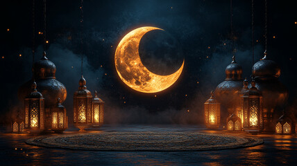 Canvas Print - The holy month of Ramadan. Moon and lamps on the background of mosques, a traditional backdrop for the Ramadan holiday.