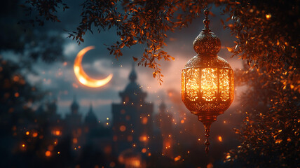 Canvas Print - The holy month of Ramadan. Moon and lamps on the background of mosques, a traditional backdrop for the Ramadan holiday.