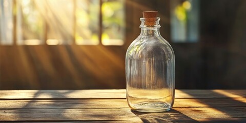 Canvas Print - Glass bottle with cork on rustic wooden table illuminated by warm sunlight through window with greenery in background creating a serene atmosphere