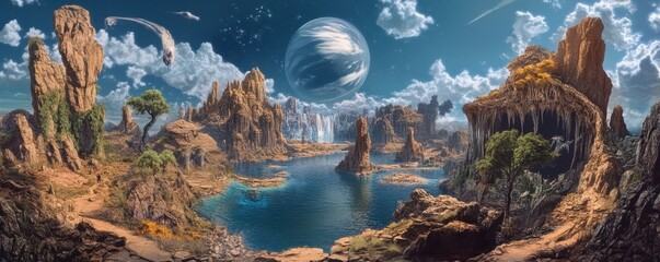 Wall Mural - a panoramic view of a hidden alien civilization nestled within a crater.