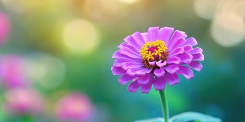 Sticker - Blooming purple Zinnia flower with yellow center prominently displayed against a softly blurred green garden background in a vibrant floral composition.