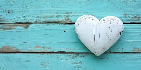 Canvas Print - White heart positioned slightly off-center on a rustic aqua wooden background with a weathered texture and visible grain patterns.