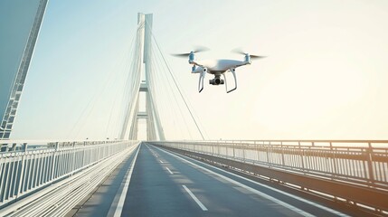 Wall Mural - a robotic drone conducting infrastructure inspections on a modern bridge with a clear sky, high-tech