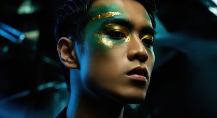 Wall Mural - Artistic portrait of young asian male with gold and green face paint