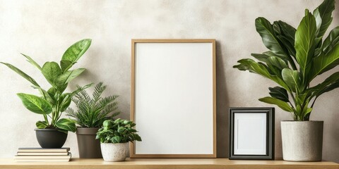 Canvas Print - Arranged houseplants in varying pots beside an empty wooden frame and books on a table against a light textured wall with greenery accents