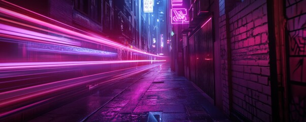 Wall Mural - abstract composition of neon light trails in a dark city alley.