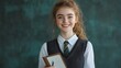 © Alex Pyatko - A smiling young white woman in a student uniform, holding a pen and notebook, looking ready to learn