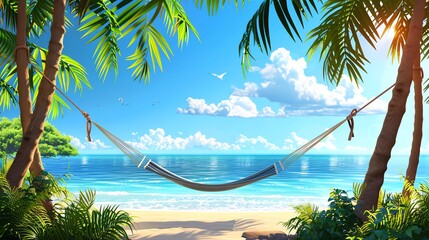 Wall Mural - A hammock strung between two palm trees on a tropical beach with a view of the ocean.