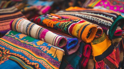 A vibrant street market with colorful textiles and handmade crafts, Market scene, Lively style