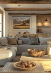 Wall Mural - Cozy Living Room with Rustic Decor and Natural Light in Mountain Retreat Setting