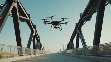 Wall Mural - a robotic drone conducting infrastructure inspections on a modern bridge with a clear sky, high-tech