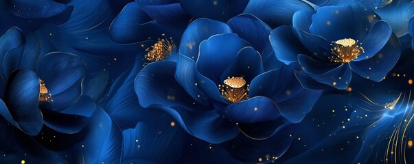 Abstract floral design featuring dark blue lotus flowers with golden accents, set against a deep blue background, creating a serene and enchanting atmosphere