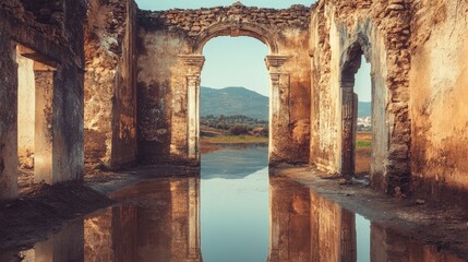 Ancient ruins reflecting in water with picturesque landscape and clear blue sky for tranquil and nostalgic themes