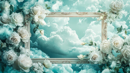 Wall Mural - elegant decorative frame surrounded by clouds and white roses
