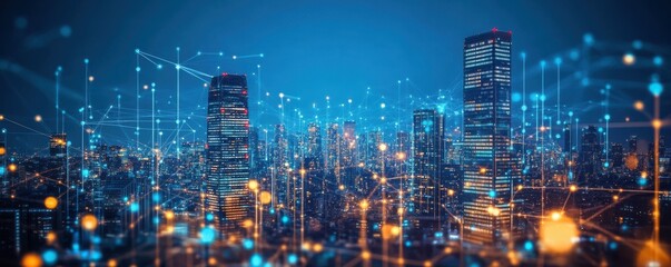 Wall Mural - abstract futuristic cityscape with glowing skyscrapers under a night sky.