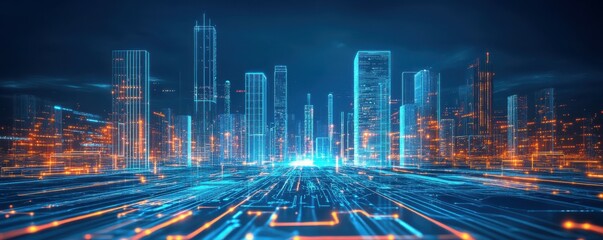 Wall Mural - abstract futuristic cityscape with glowing skyscrapers under a night sky.