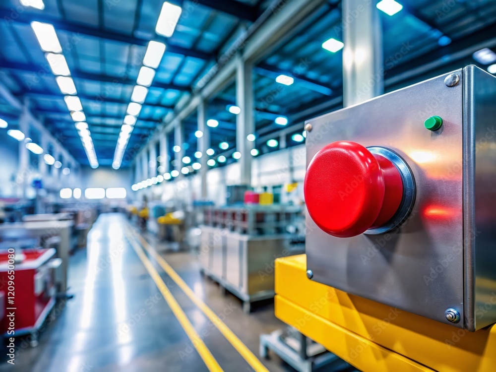 Ilustración de Stock Red Emergency Stop Button on Industrial Machine ...