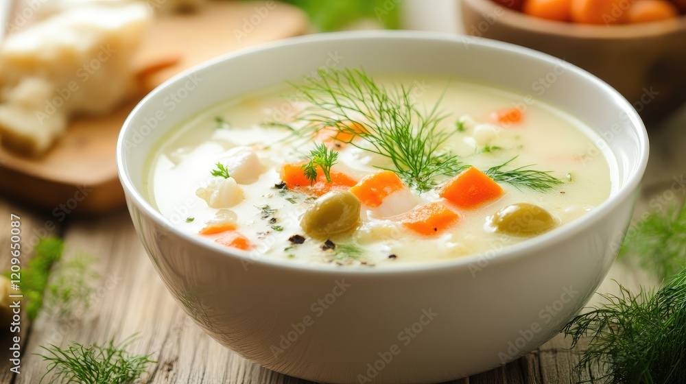 Delicious Seafood Soup with Fennel Paprika Olives and Vegetables Served in a Warm Bowl on Wooden Table
