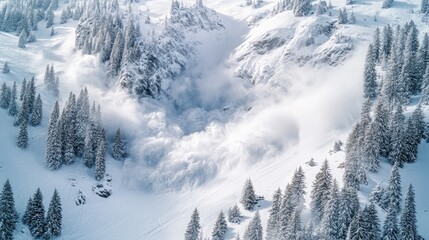 Fototapete - Aerial view of an avalanche occurring among snowy trees in a mountainous region highlighting nature's power and scenic alpine beauty