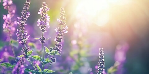 Canvas Print - Soft sunlight illuminating vibrant purple dead nettles with selective focus on foreground blooms and ample soft light enhancing the background