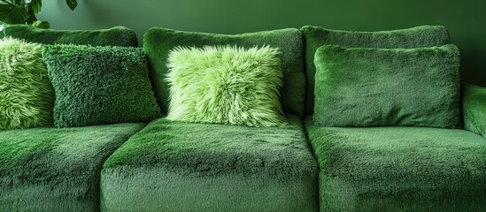 Sticker - Lush green sofa adorned with fluffy cushions in a spacious minimalist interior, inviting relaxation and comfort with ample room for text.