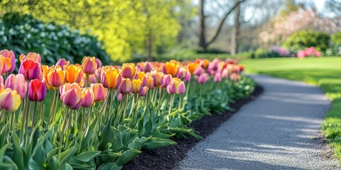 Canvas Print - Vibrant tulip flowers in shades of pink and orange line a garden path under soft sunlight with lush greenery in the background ideal for spring themes