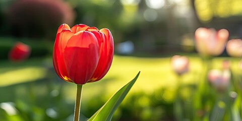 Canvas Print - Vibrant red tulip in the foreground with a softly blurred green background sunlight creating a warm ambiance ample copy space available.