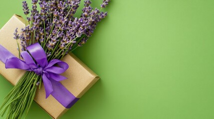 Wall Mural - Lavender gift box with ribbon and flowers on vibrant green table perfect for birthdays holidays and special celebrations