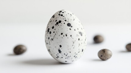 Wall Mural - Speckled egg on a light backdrop surrounded by small decorative stones for a minimalist design theme