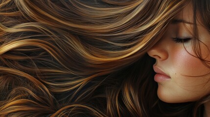 Wall Mural - Close-Up Portrait of a Woman with Long Wavy Hair