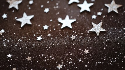 Wall Mural - Silver stars scattered across a dark brown background creating a festive and enchanting atmosphere ideal for holiday or decor themes